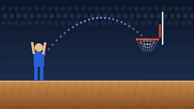 Illustration of a stopwatch beside a basketball and hoop